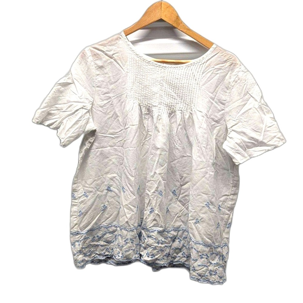 Cottagecore Boho Peasant Top Blue Embroidered Trim Smocked Blouse Gap Large